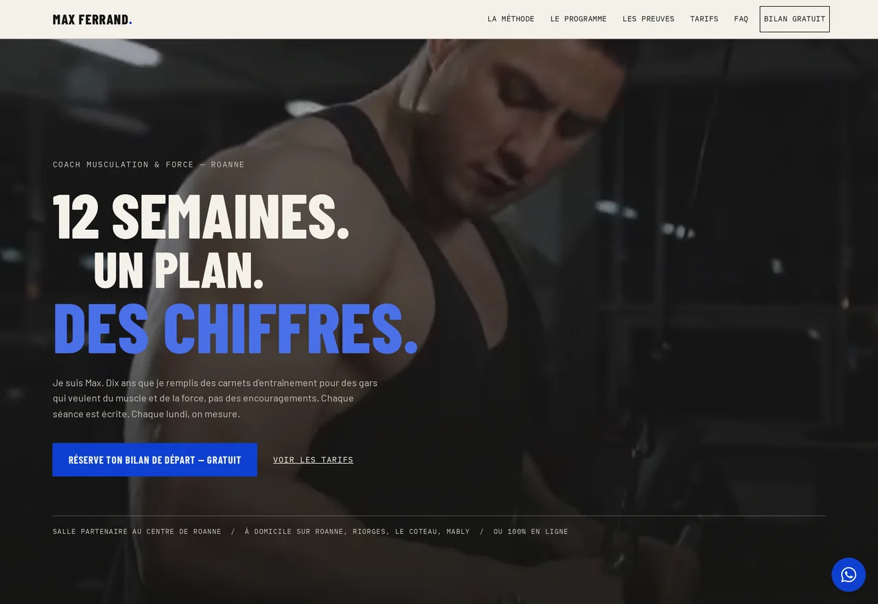 Site de démonstration de Max Ferrand, coach sportif à Roanne, mise en page inspirée d'un carnet d'entraînement